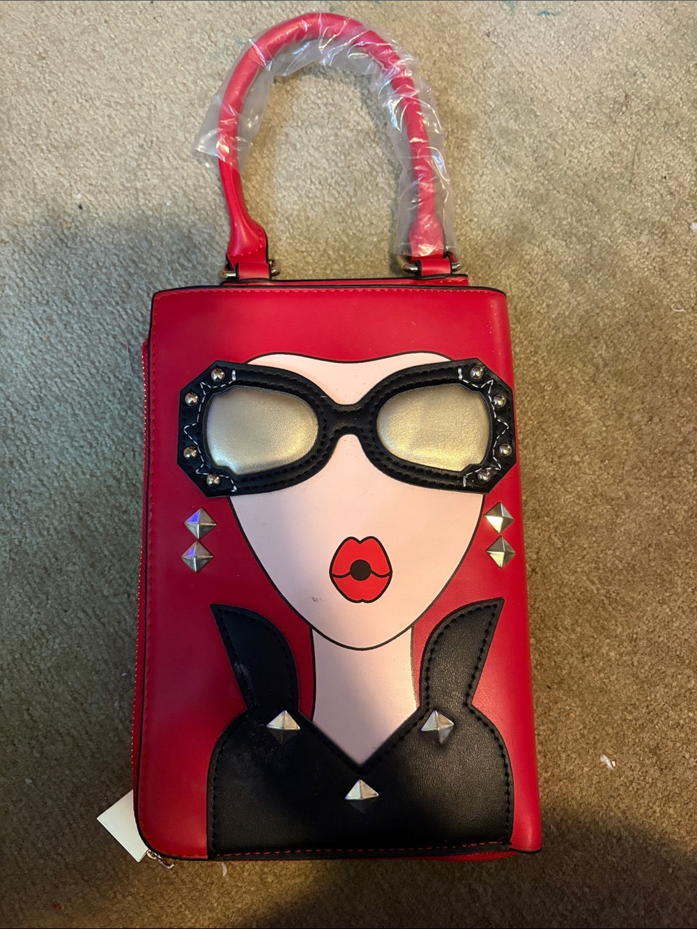 Red Mini Top-Handle Bag with Graphic Sunglass Face